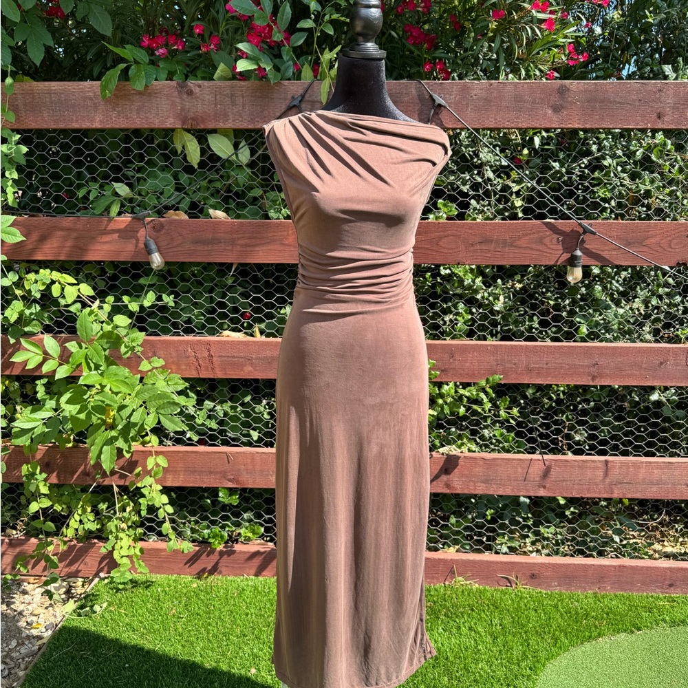 Commense Brown Ruched Off-Shoulder Maxi Dress